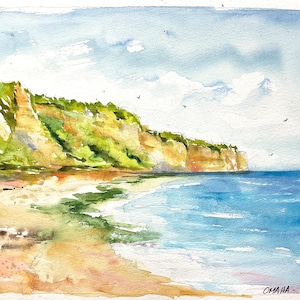 Dipinto ad acquerello originale di Omaha Beach, paesaggio marino della spiaggia del D-Day, Normandia, Francia, memoriale della seconda guerra mondiale