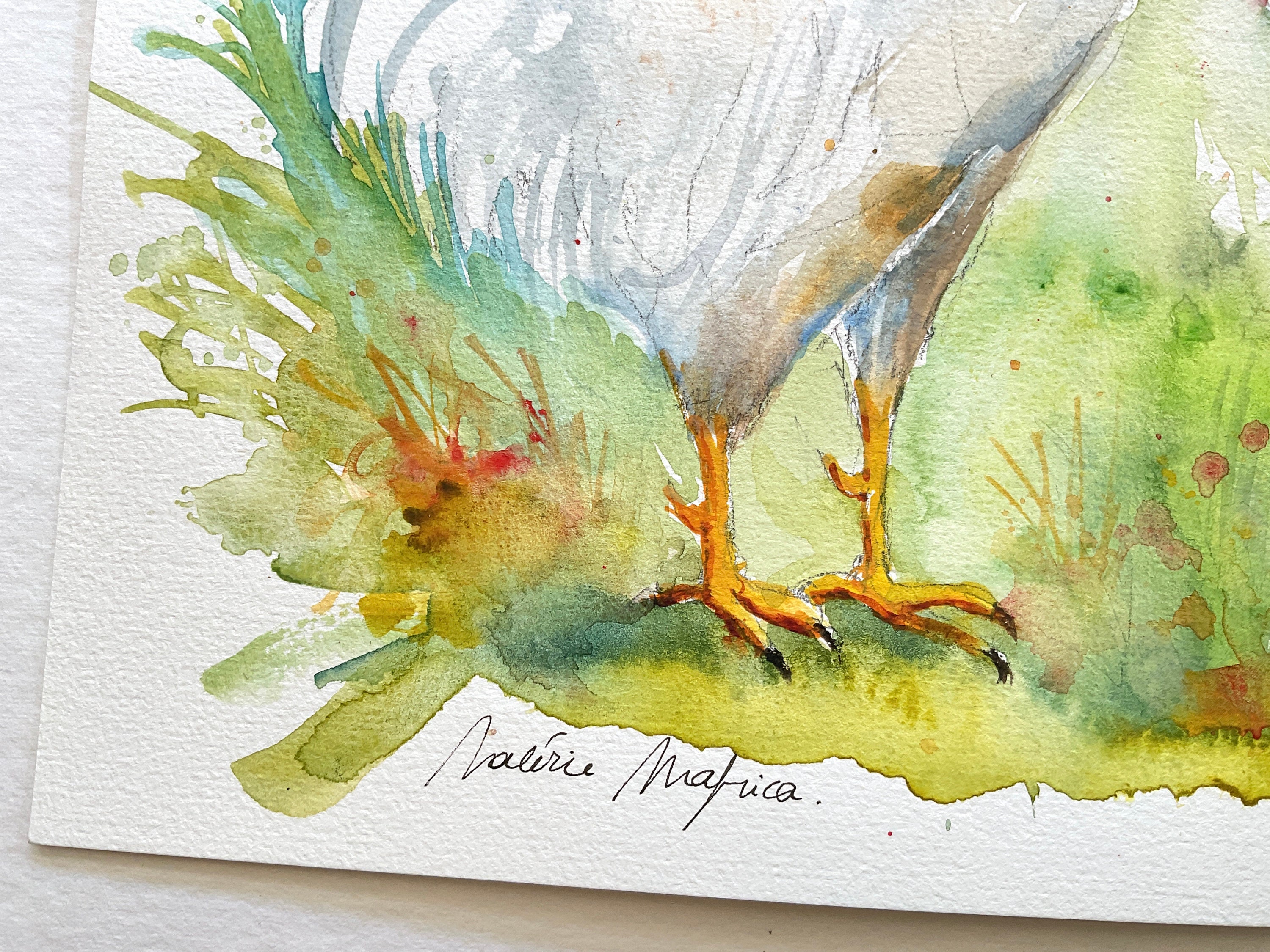 白い雌鶏と雄鶏の絵、カップルのオリジナルの水彩画、農場の家禽の本物