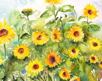 ひまわり畑の水彩画、ひまわりの原画、田舎の夏の花畑、典型的な