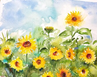 ひまわり畑の水彩画、ひまわりの原画、田舎の夏の花畑、典型的な