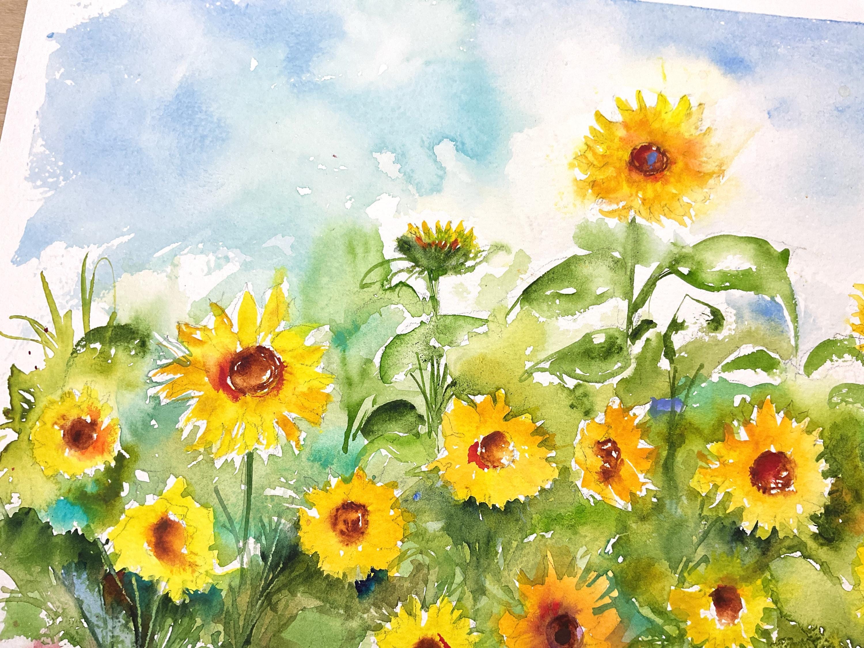 ひまわり畑の水彩画、ひまわりの原画、田舎の夏の花畑、典型的な