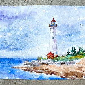 Original lighthouse watercolor, Crisp Point Michigan lighthouse on Lake Superior, original watercolor seascape, lighthouse painting artwork image 2