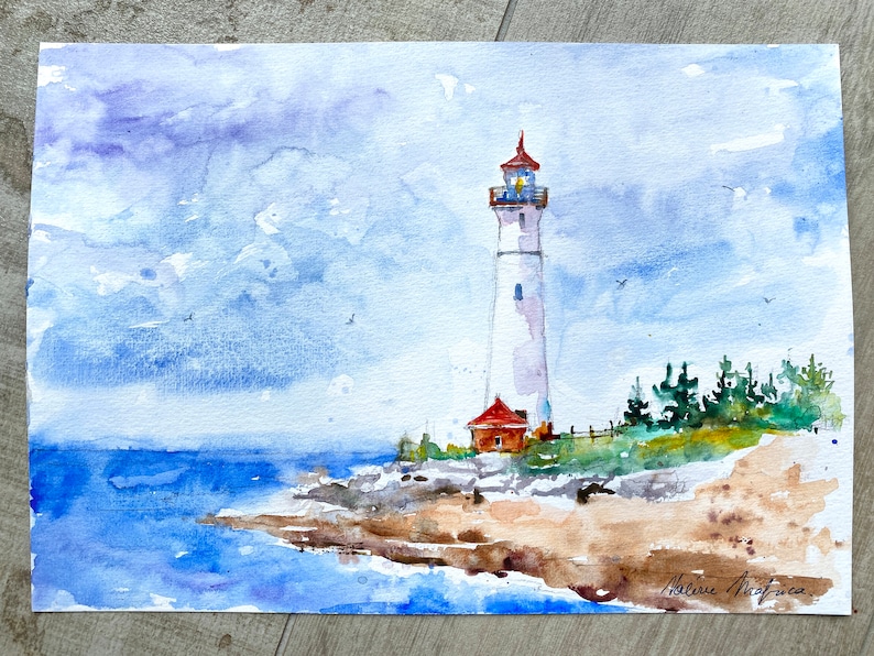 Original lighthouse watercolor, Crisp Point Michigan lighthouse on Lake Superior, original watercolor seascape, lighthouse painting artwork image 2