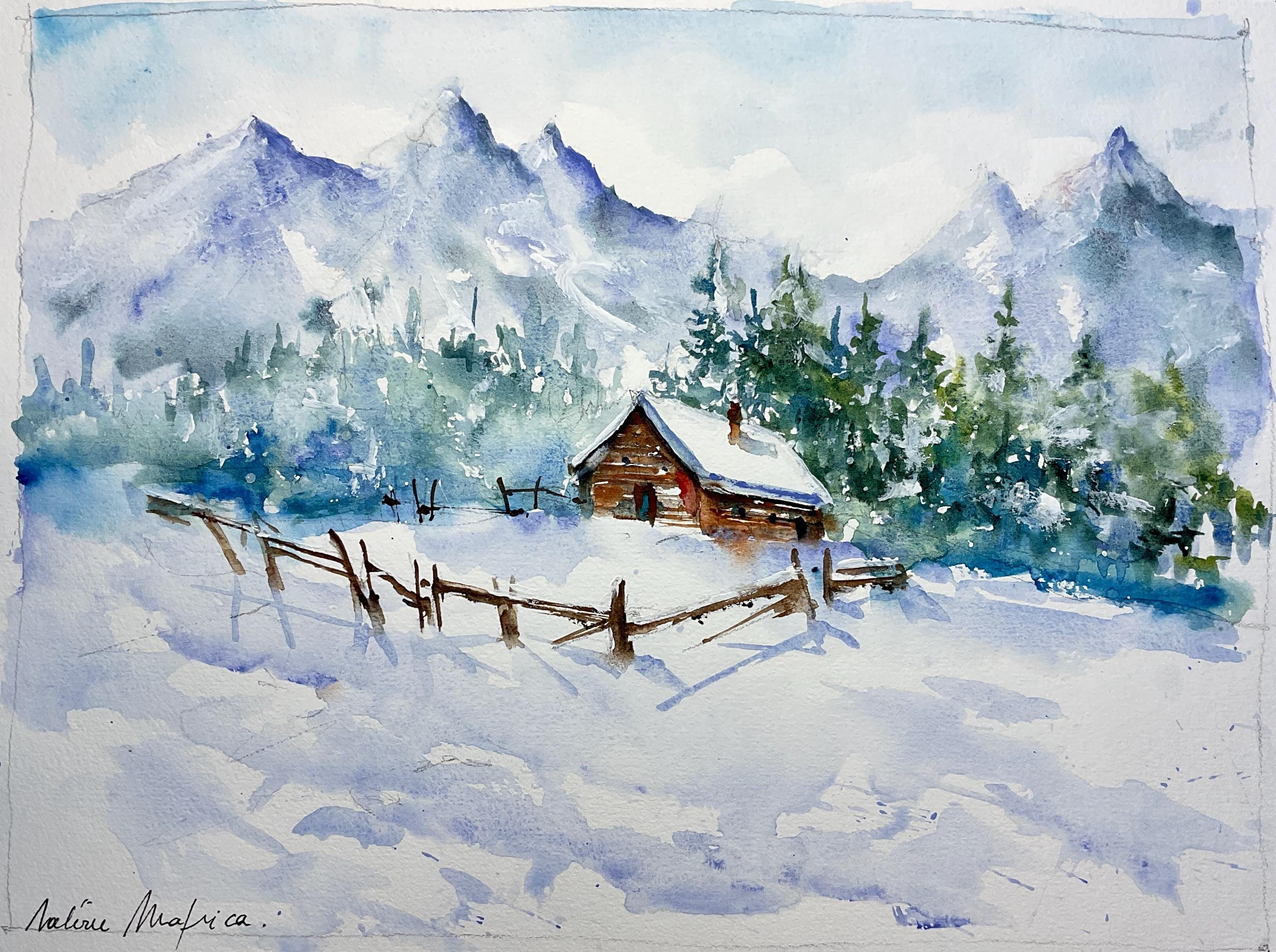 冬の山岳風景、雪に覆われた丘のオリジナル水彩画、雪景色、アルプスの