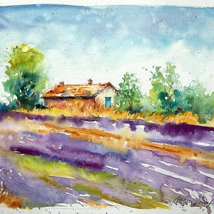 Aquarela de campos de lavanda, pintura de paisagem original da Provença, campos de flores roxas no verão no campo, casa de campo provençal