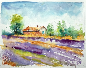 Acuarela de campos de lavanda, pintura de paisaje original de Provenza, campos de flores violetas en verano en el campo, casa de campo provenzal