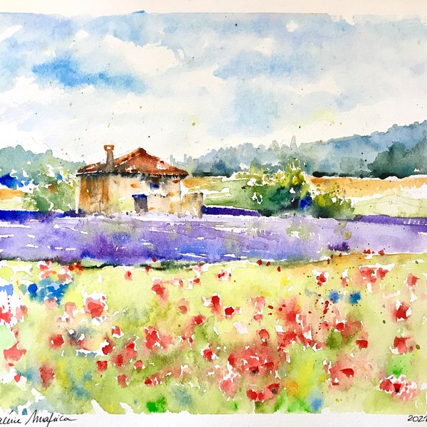 Paysage de champs de lavande et coquelicots en Provence en aquarelle originale, peinture de paysage provençal fleuri, décoration murale