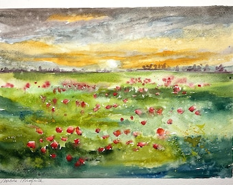 Paysage de prairie de coquelicots, aquarelle champs de coquelicot, art mural original de fleurs rouges, coucher de soleil, campagne fleurie