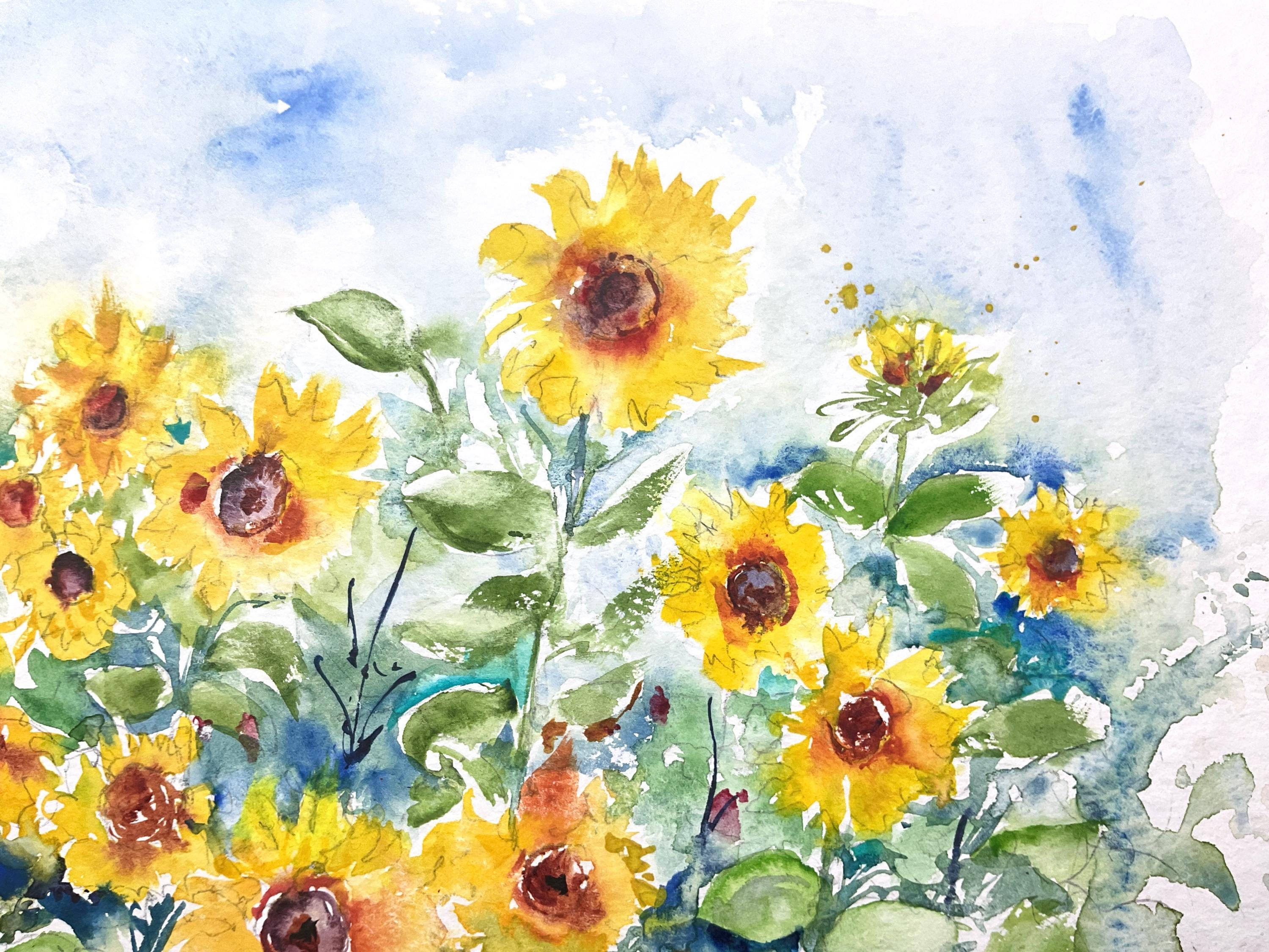 ひまわり畑の水彩画、ひまわりの原画、田舎の夏の花畑、典型的な