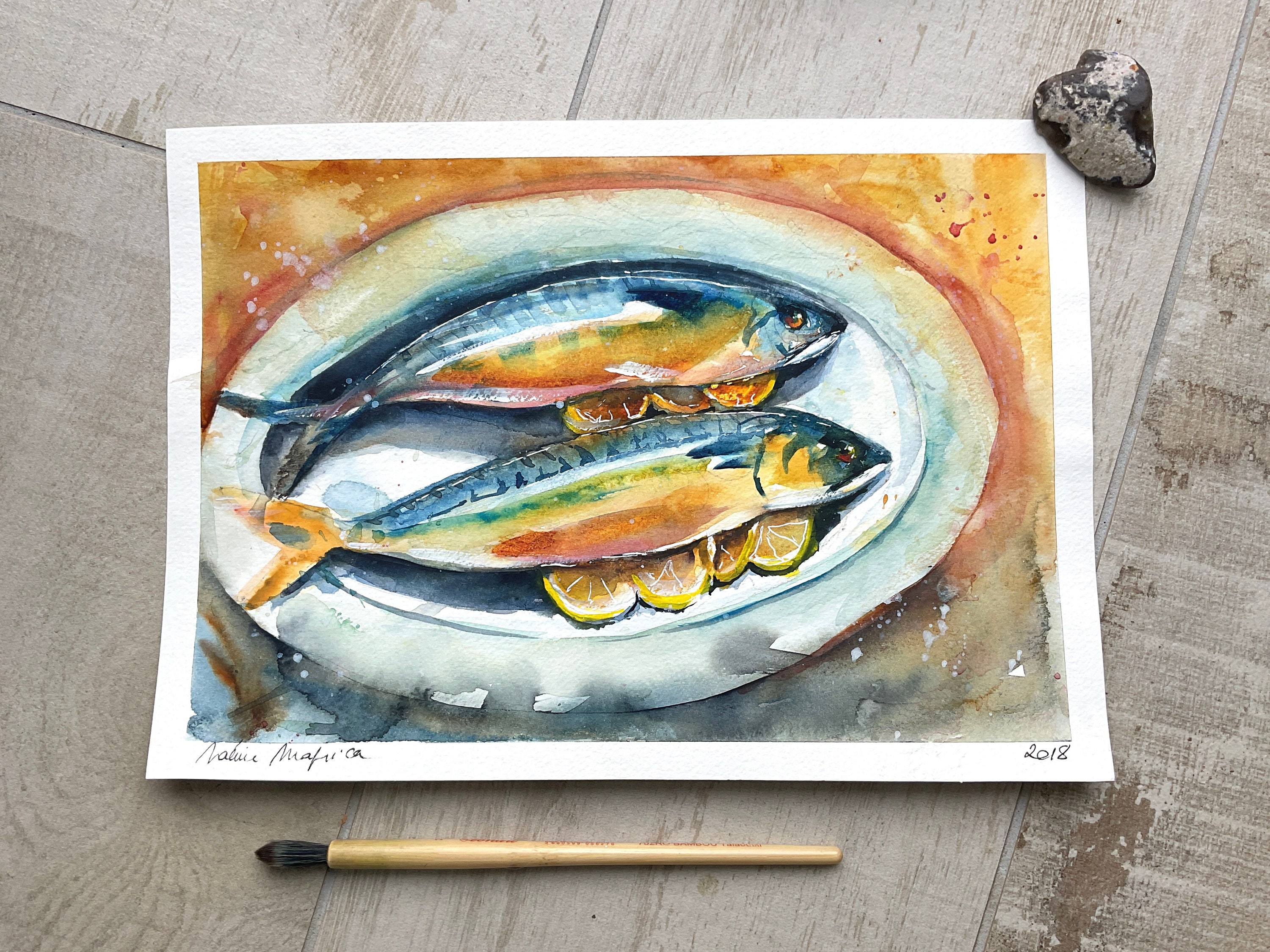 サバの魚のオリジナル水彩画、キッチンの静物画の装飾、料理用の魚の