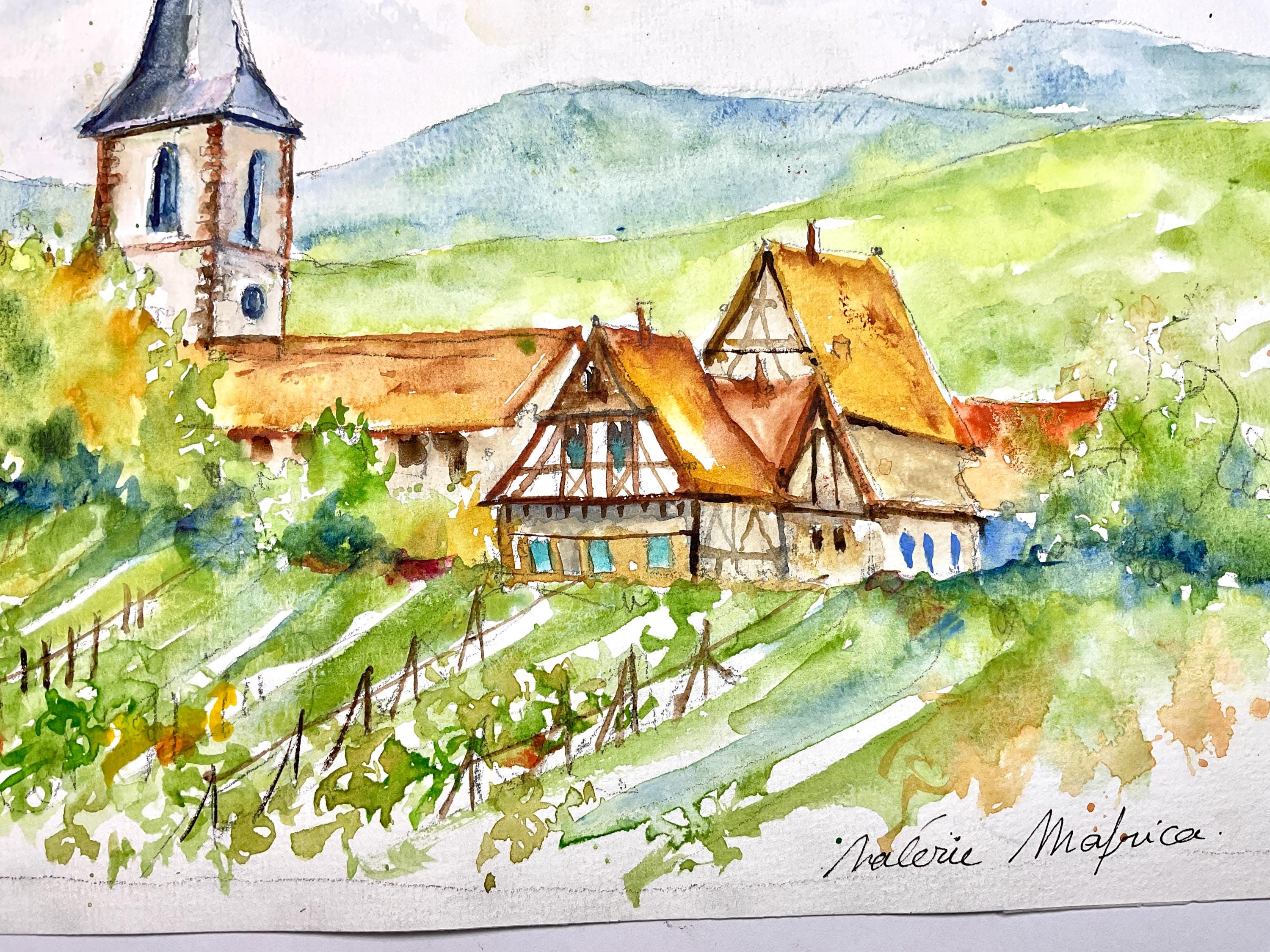 Alsatian Village in Watercolor, Original Painting of Vines on the Wine ...