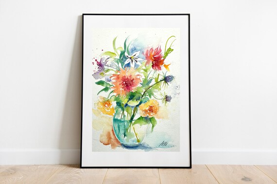 水彩画の花束、花瓶に描かれた庭の花の絵、色とりどりの花束
