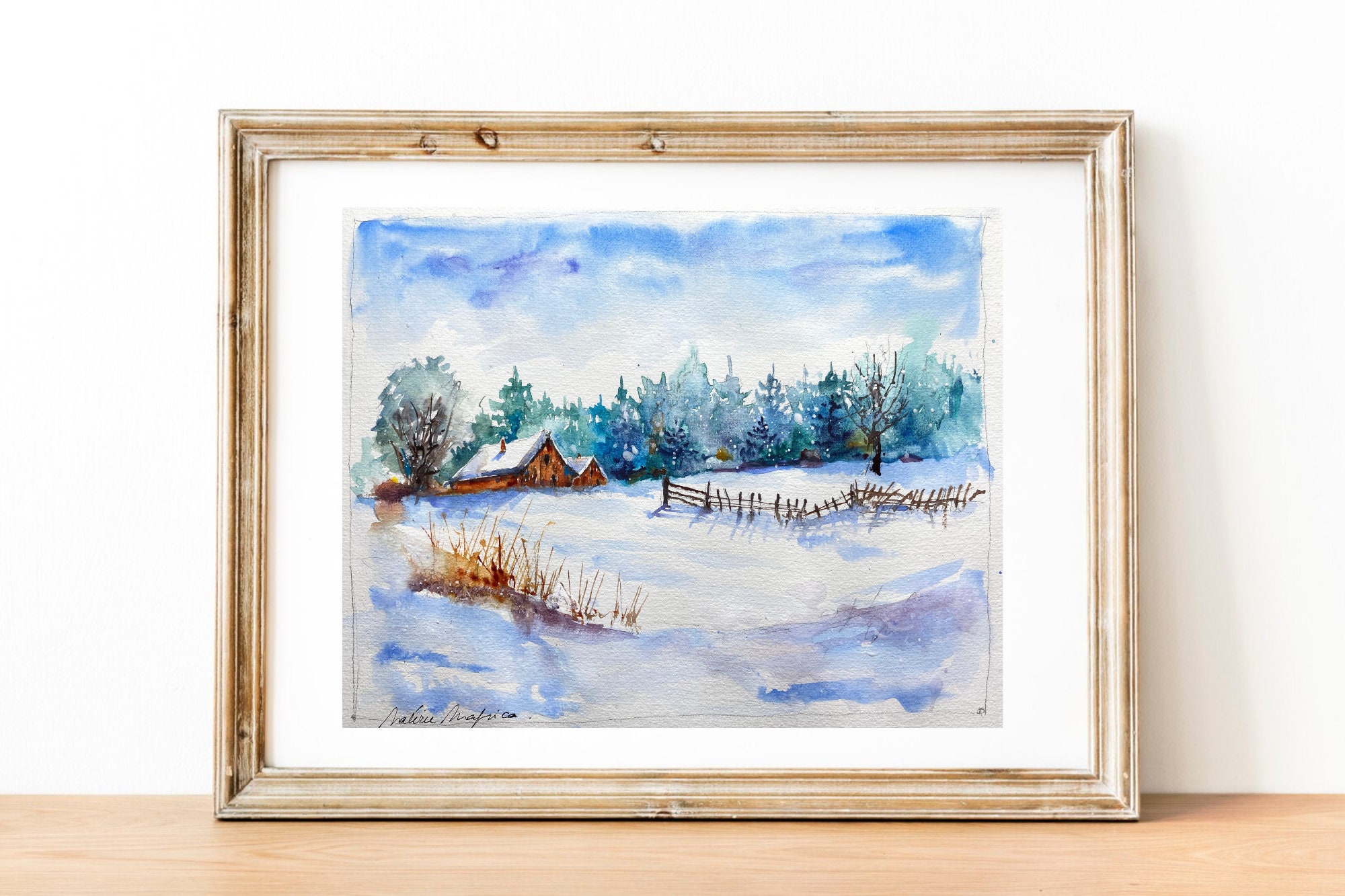 オリジナルの水彩画に描かれた雪の下の納屋、冬の田舎の風景
