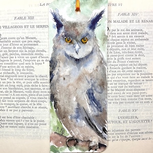 Waterverf uil bladwijzer, uilenvogel schilderij op een bladwijzer, cadeau voor een lezer, handgemaakte vogel illustratie bladwijzer, uil