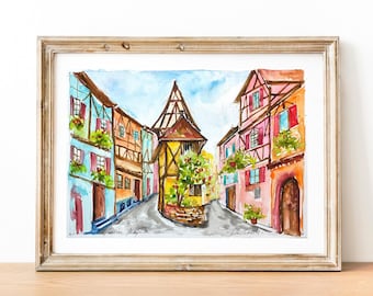 フランス人画家による絵画（水彩画２） アルザスの水彩画、エギスハイム村の絵画、アルザスワイン街道