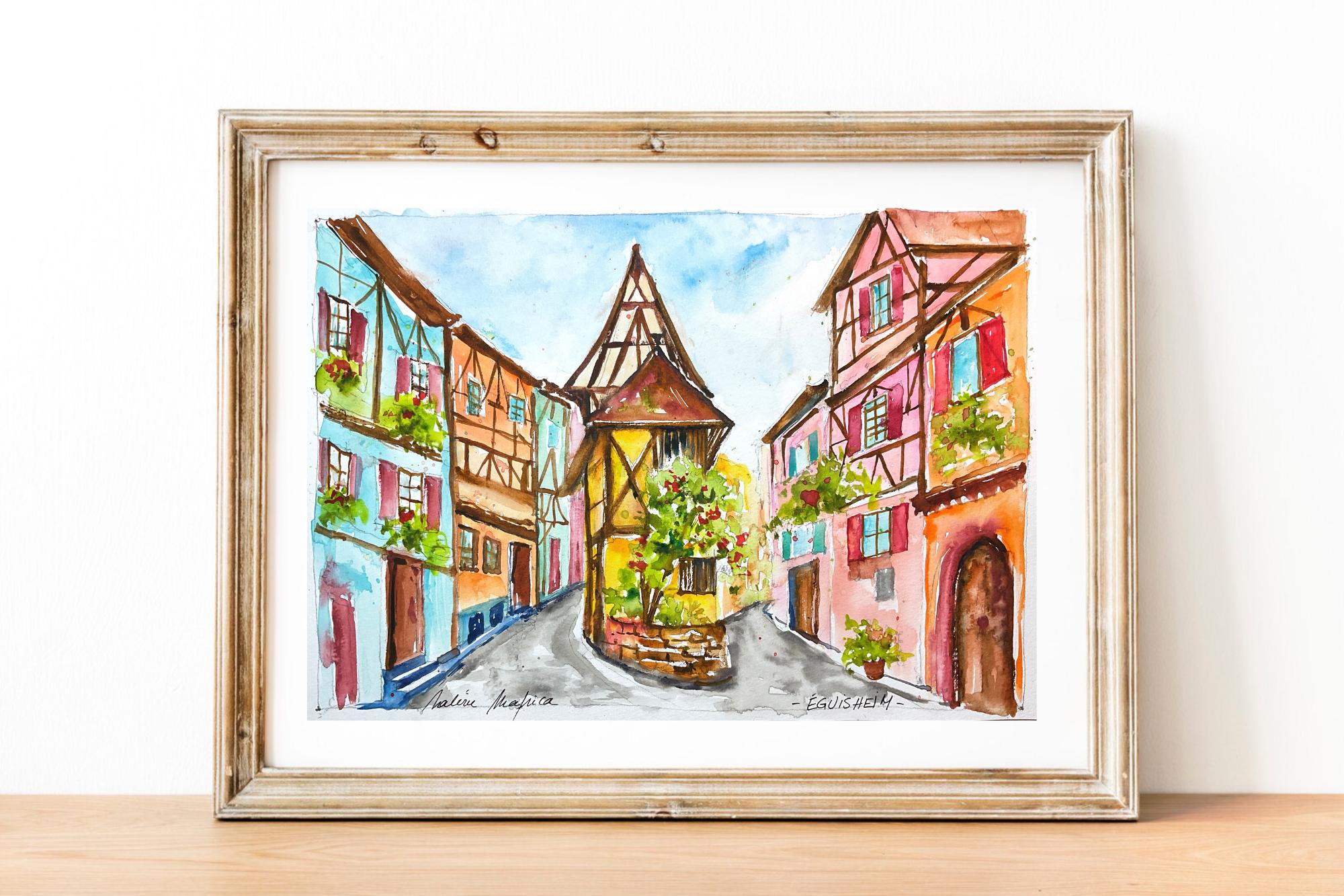 アルザスの水彩画、エギスハイム村の絵画、アルザスワイン街道