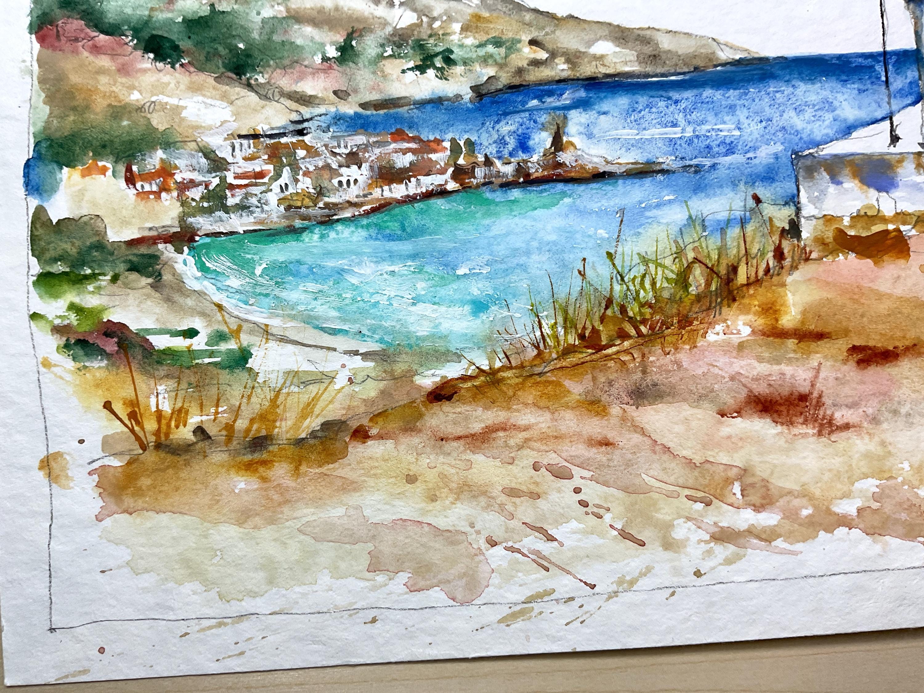 ギリシャのアンドロス島にあるコーラ礼拝堂のオリジナル水彩画