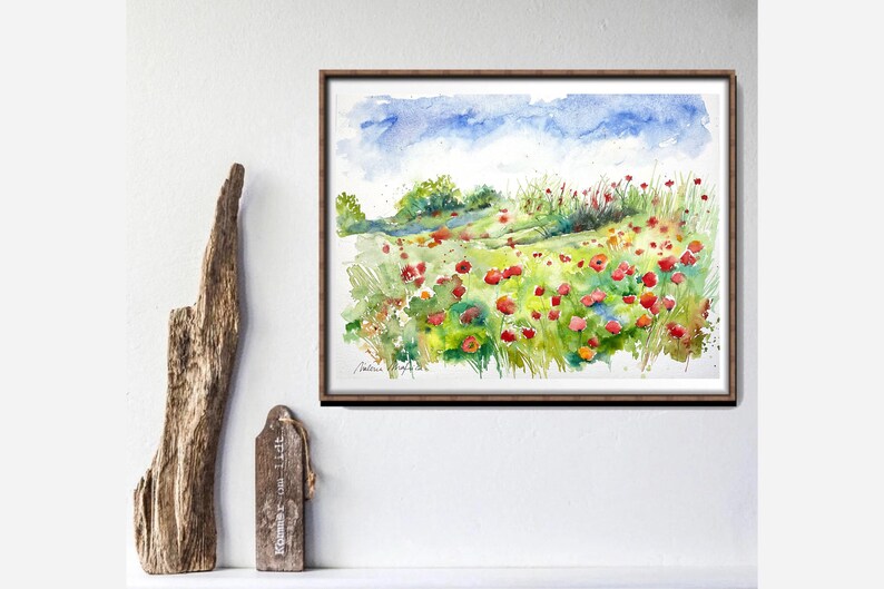 Paisaje de campos de amapolas, acuarela original de amapolas, naturaleza en verano, prados de flores y montones de paja, arte de amapolas imagen 7