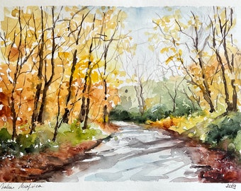 Forêt en automne en peinture aquarelle originale, paysage de forêt, tableau de forêt, illustration d'arbres, sous-bois et feuillages dorés
