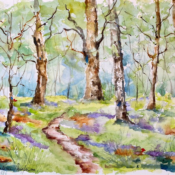 Peinture de forêt fleurie printenière, aquarelle originale d’un paysage de printemps, tableau d’arbres et de chemin dans la verte nature