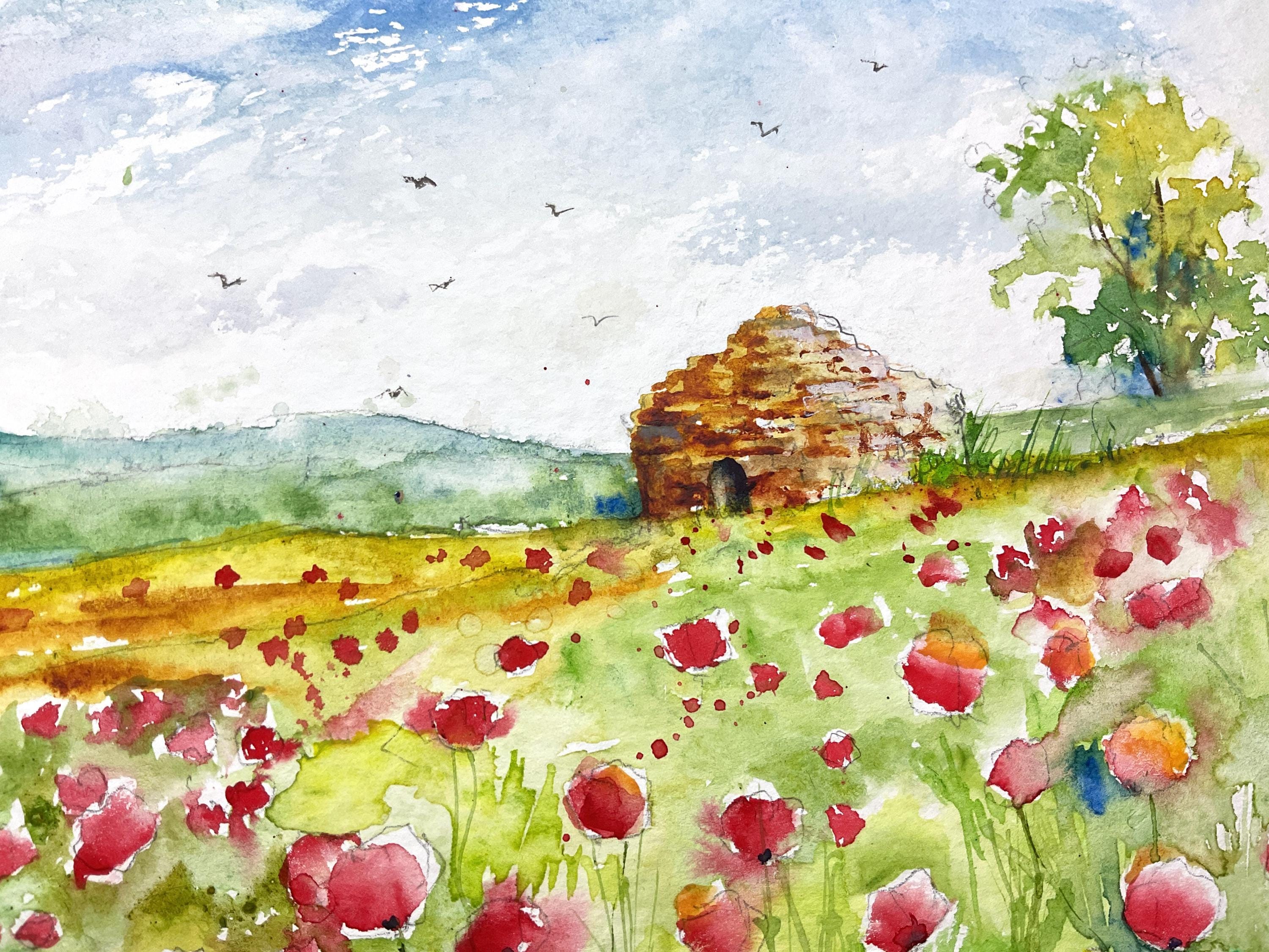 ケシ畑、花畑の風景、野生の花が咲く草原、夏の田園風景、小麦畑を描い
