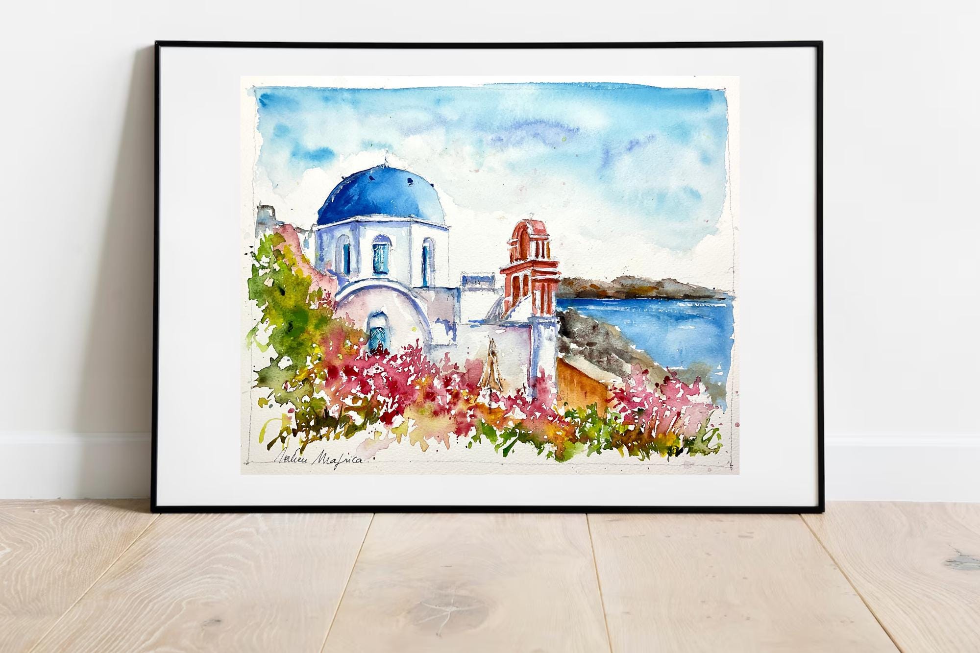 ギリシャのサントリーニ島の典型的な風景画。青いドームを描いた