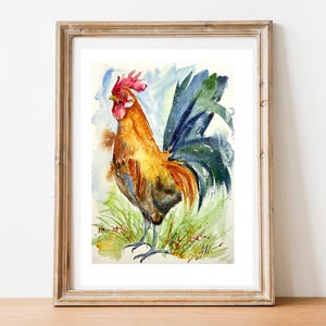 Dipinto ad acquerello originale di gallo, autentica opera d'arte murale, regalo e decorazione in stile country, animale da fattoria e da cortile