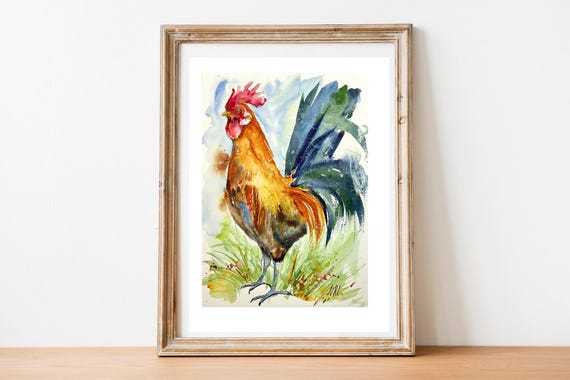 Peinture aquarelle originale de coq, art authentique mural, cadeau et décoration style campagnard, animal de ferme et de basse-cour