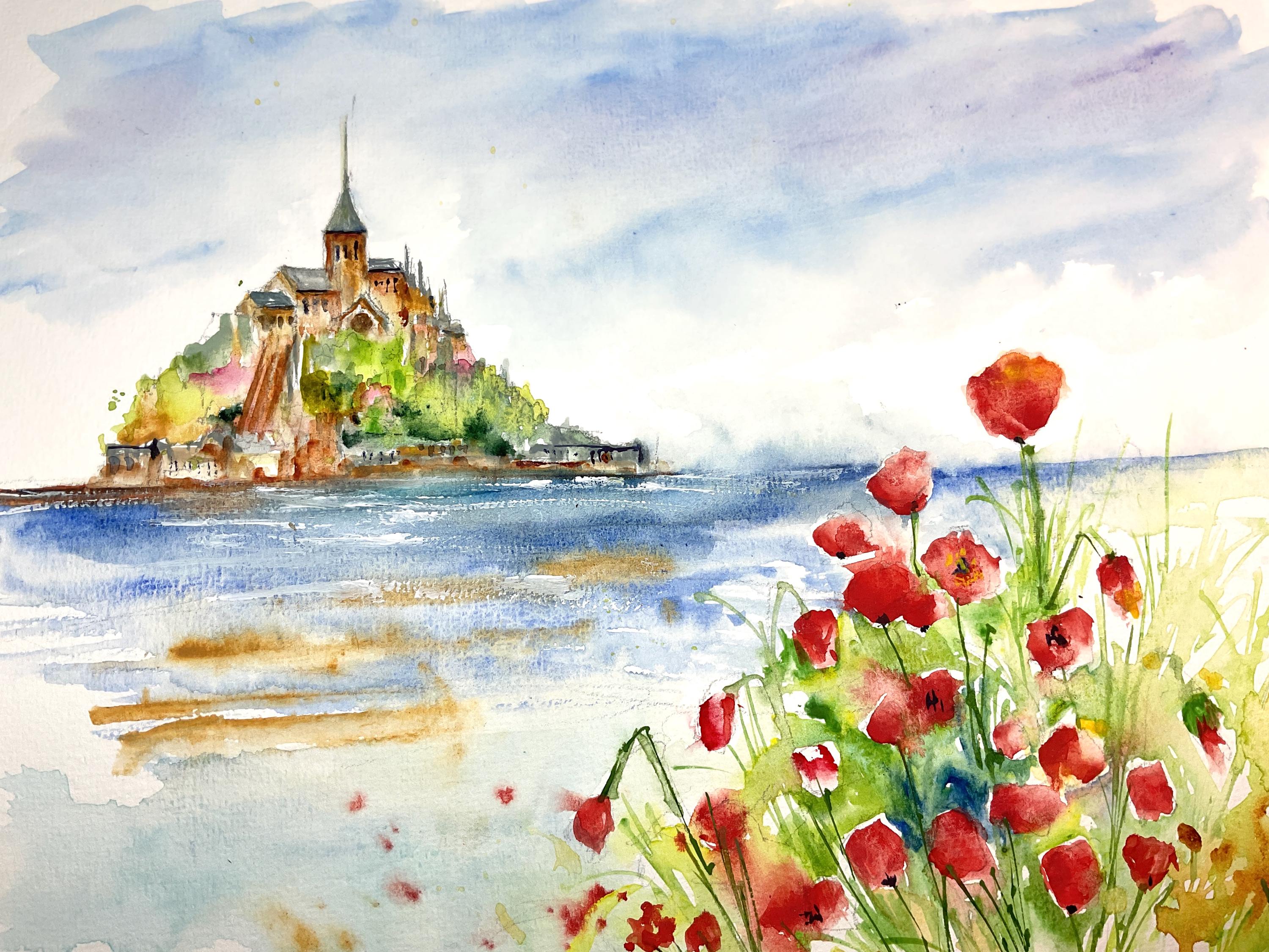 水彩画　モンサンミッシェル　風景画　美術　インテリア　修道院　世界遺産の絵 水彩画 モンサンミッシェル 風景画 美術 インテリア 修道院 世界