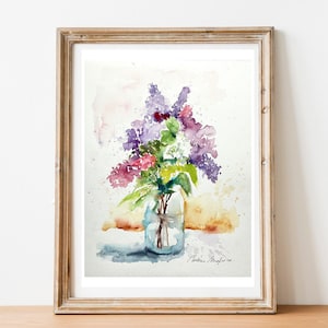 Dipinto di fiori lilla, acquerello originale di un mazzo di lillà viola dal giardino, arte decorativa da parete floreale per la casa, regalo