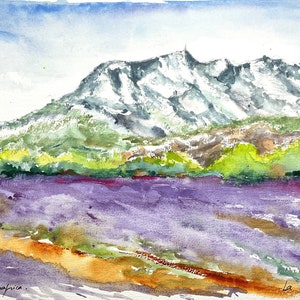 Dipinto originale ad acquerello della montagna di Sainte Victoire, dipinto del monte Venturi Aix en Provence, regione della Provenza e Pic des Mouches