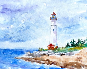 Original lighthouse watercolor, Crisp Point Michigan lighthouse on Lake Superior, original watercolor seascape, lighthouse painting artwork