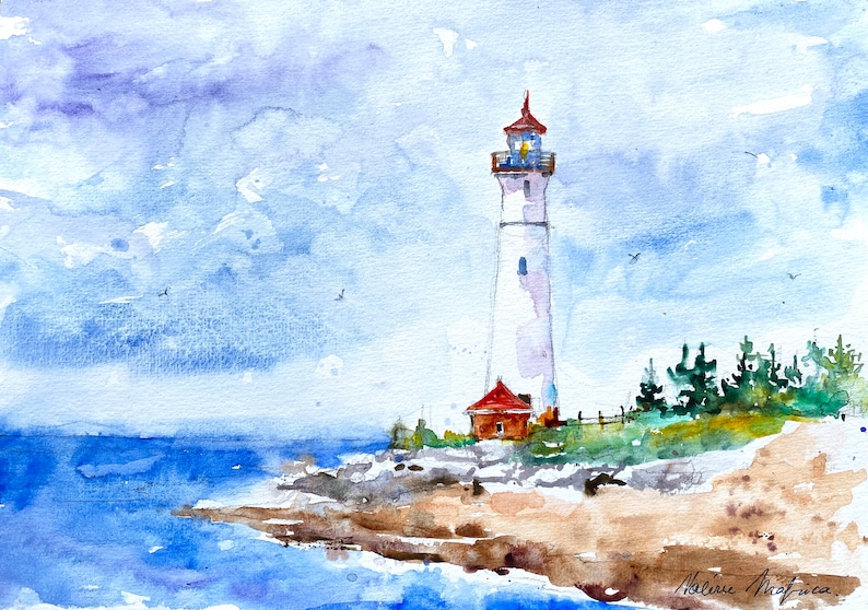 Original lighthouse watercolor, Crisp Point Michigan lighthouse on Lake Superior, original watercolor seascape, lighthouse painting artwork image 1