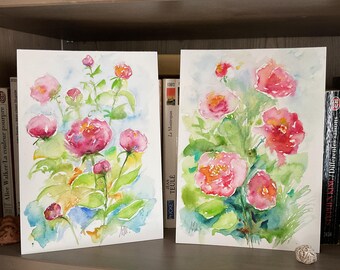 ピンクの牡丹と庭の花のオリジナル水彩画、色とりどりの花のオリジナル