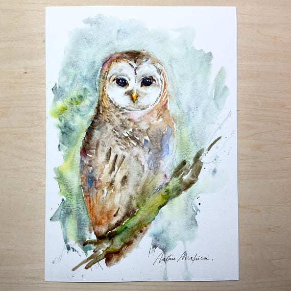 フクロウの水彩画、オリジナルのフクロウの絵画、フクロウの装飾