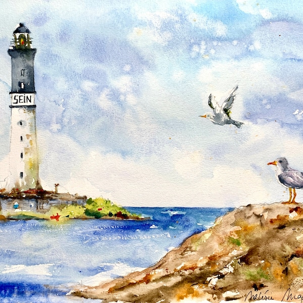 Paysage du phare de l’ile de SEIN en Bretagne, aquarelle originale marine de phare avec mer bleue et oiseaux goélands. Phare de Goulenez