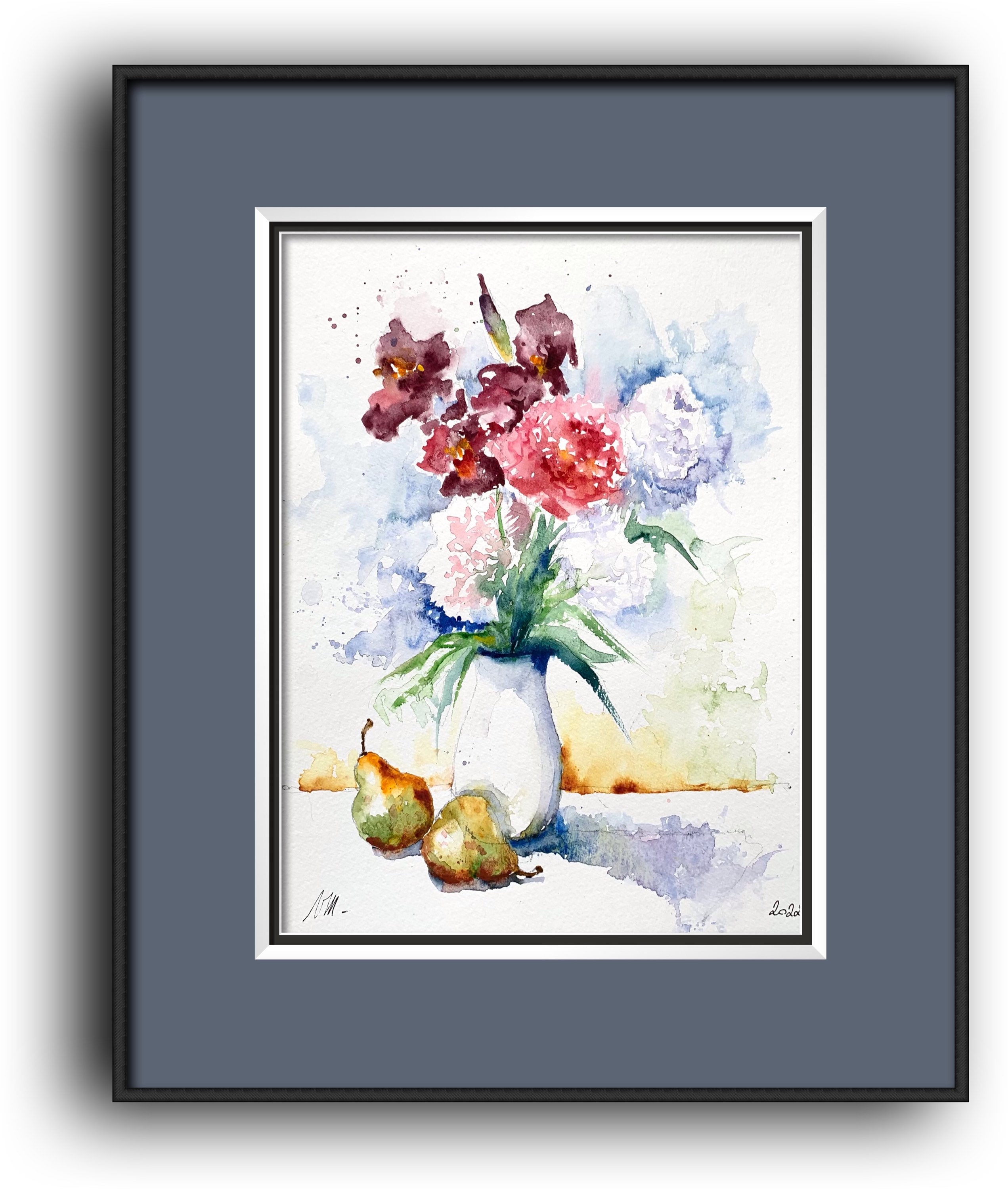 花束の中のアイリスと牡丹の花の水彩画、花瓶の中の庭の花の絵、装飾用