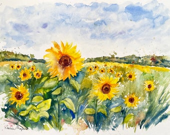 Sunflowers field watercolor original painting, fields of yellow flowers in summer countryside landscape, Provencal country home deco gift