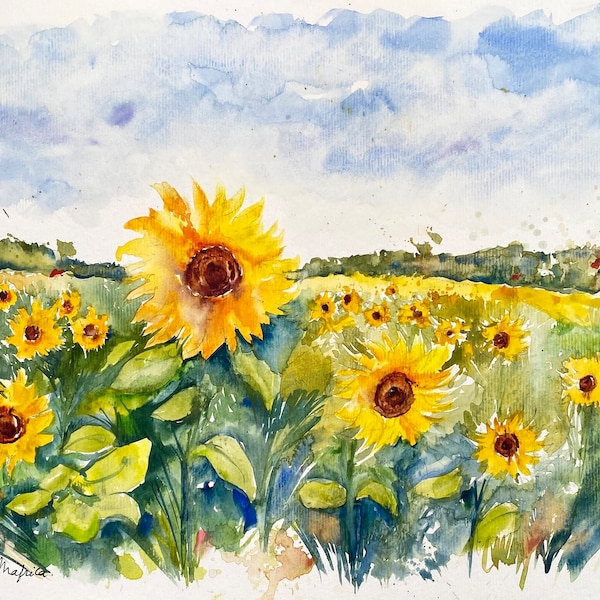 Aquarelle de champs de tournesols, peinture originale de fleurs de tournesols, champs de fleurs été à la campagne, paysage provençal typique