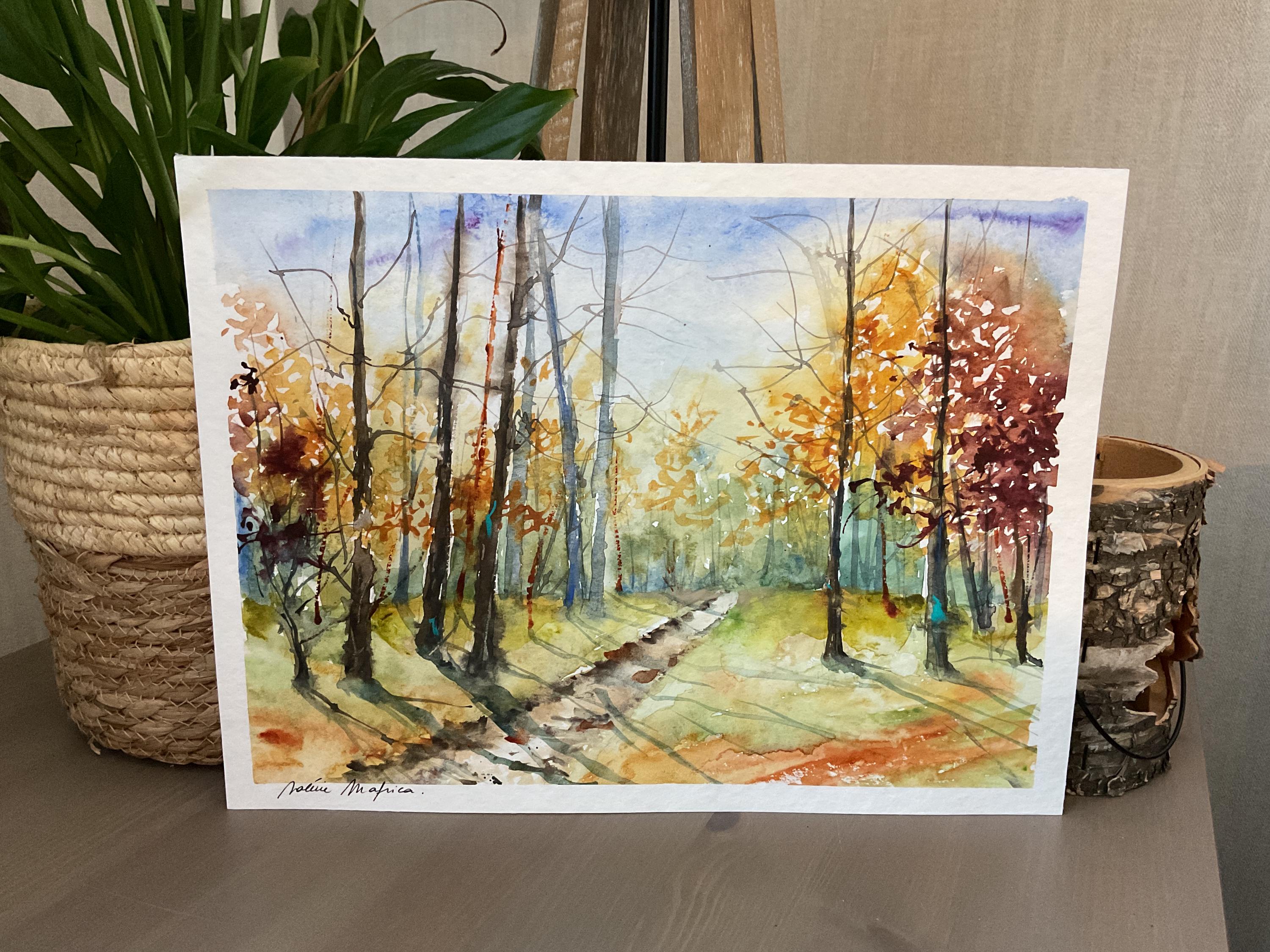 秋の森の風景のオリジナル水彩画、下草の中の小道の絵、秋の木々の