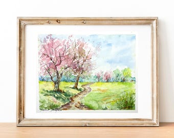 絵画「早春～ こぶしの咲くころ」　水彩画 絵画「早春～ こぶしの咲くころ」 水彩画