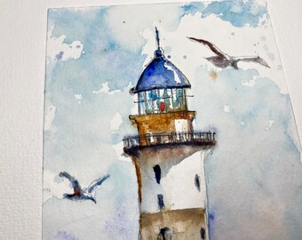 古い孤立した灯台の水彩画、ユニークなオリジナル絵画の放棄された古い