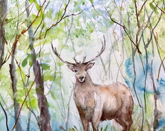 鹿のオリジナル絵画、森の鹿の水彩画、鹿の壁アート、森の野生動物の