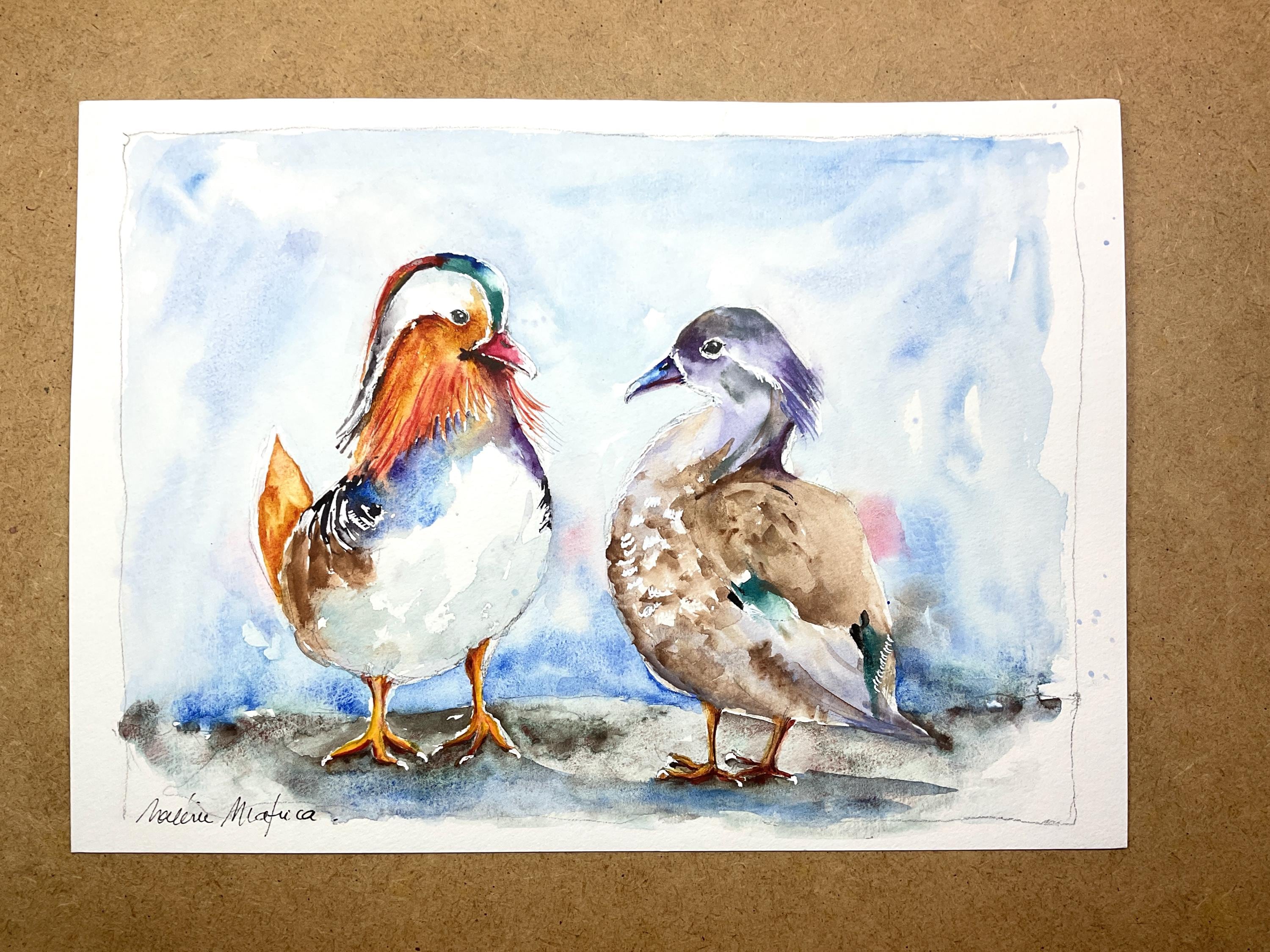 水彩画「おし鳥夫婦」 オシドリのつがいのオリジナル絵画、水かきのある鳥のオスとメスの恋の