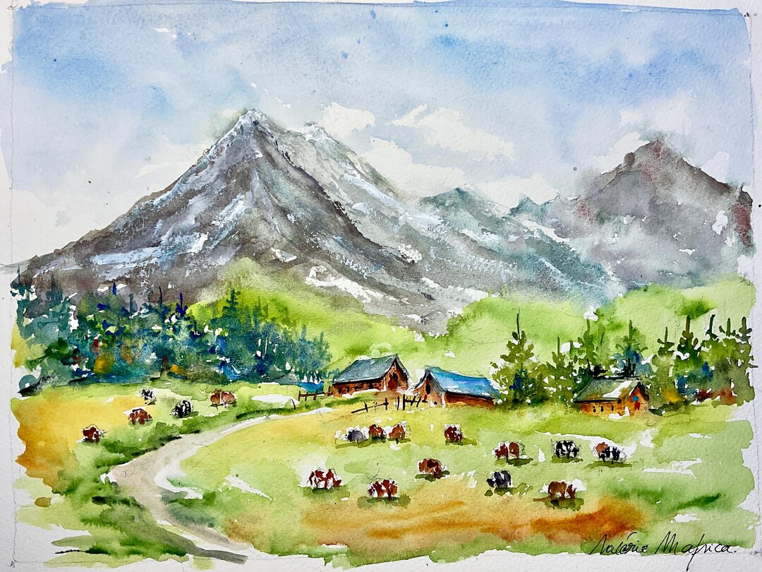 手描き パステル画 馬と山脈 風景画 アート 夏の山のオリジナル水彩画、山岳風景画、アルプスの水彩画、アラビス