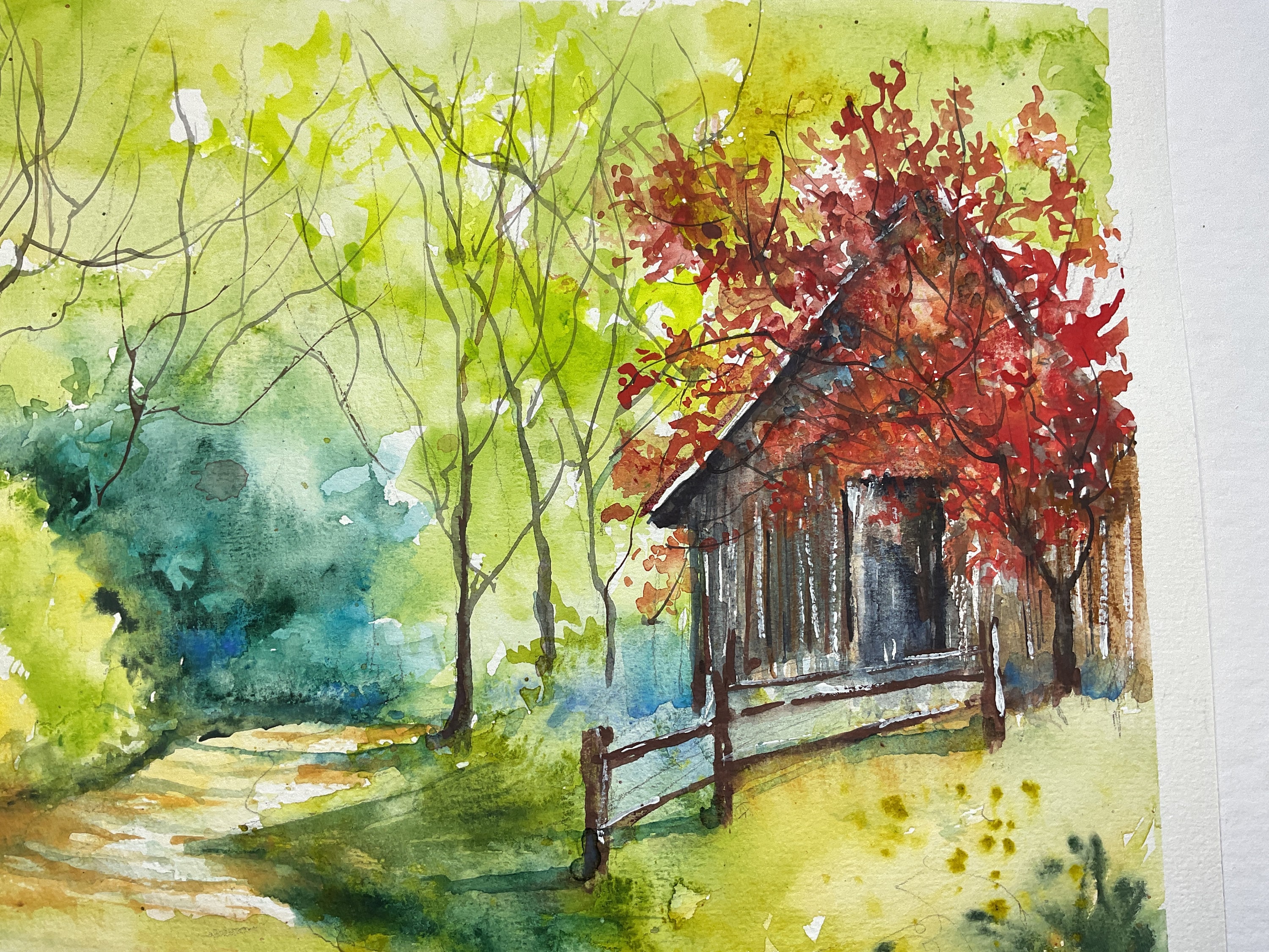 森の中の木々と小屋のオリジナル水彩画、森の風景、秋のハイキング