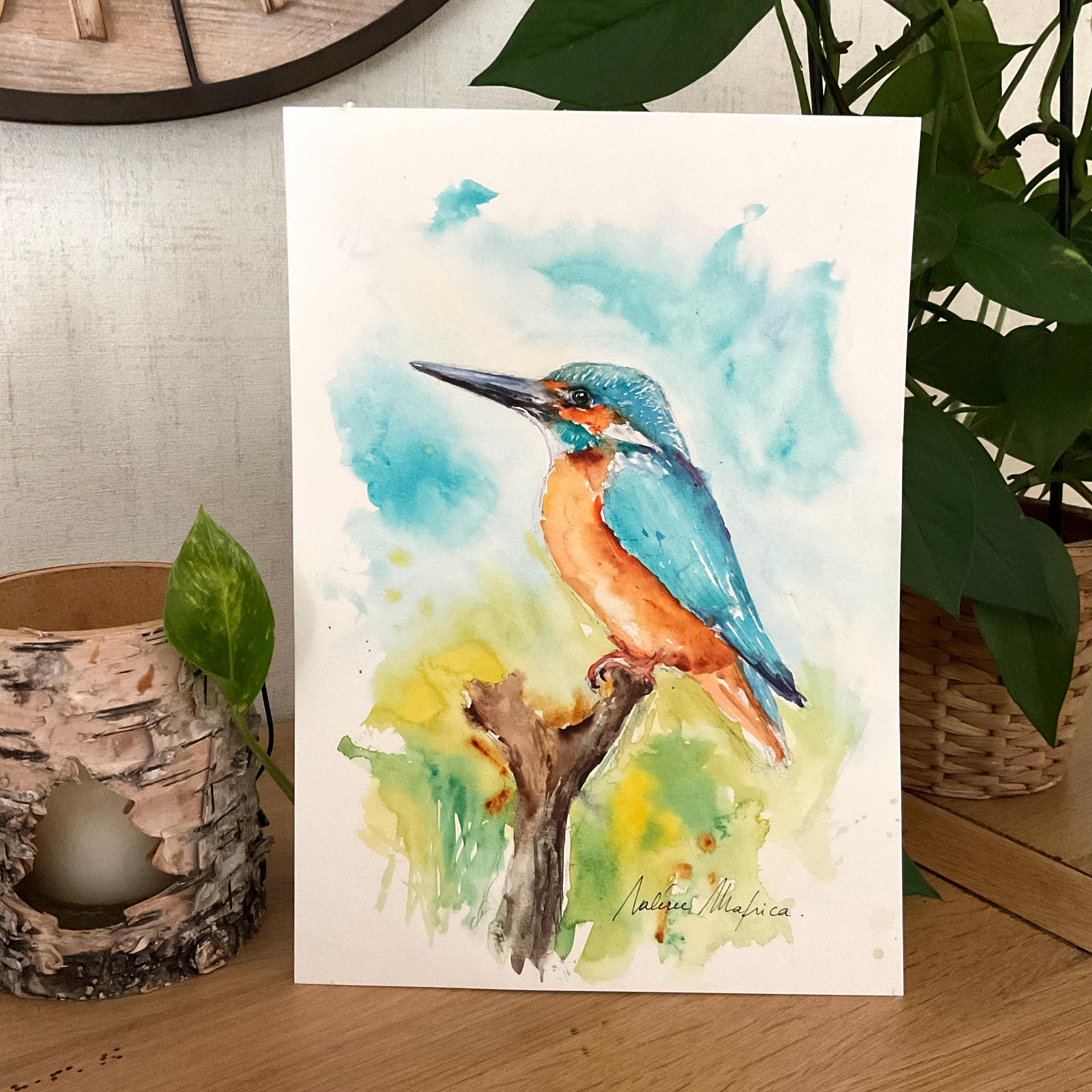 カワセミのオリジナル水彩画、鳥類学の壁画、池や森の美しい色鮮やかな