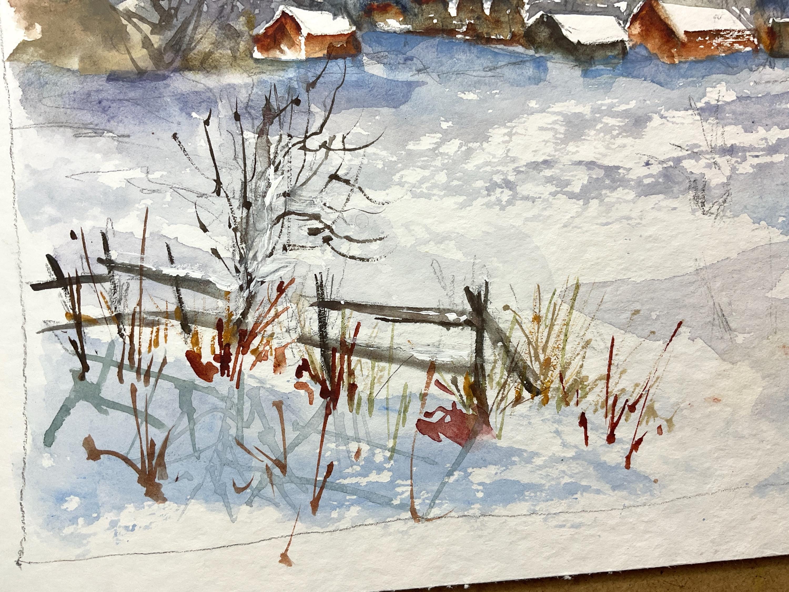 雪に覆われた田舎の夕焼けの風景のオリジナル絵画、雪の中の冬の家の