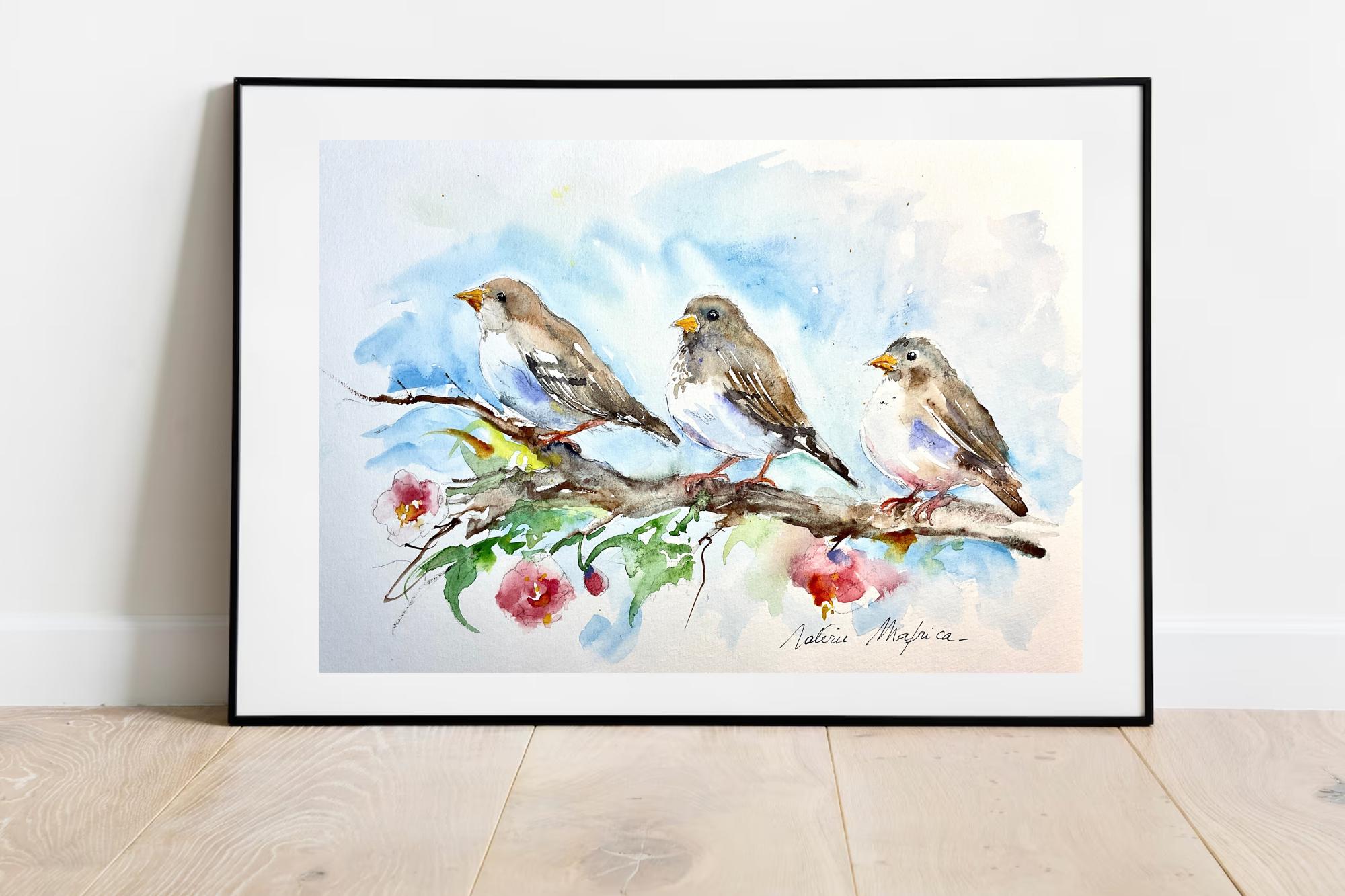 スズメのオリジナル水彩画、枝にとまる鳥の壁飾り、子供部屋の装飾