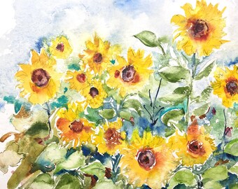 ひまわり畑の水彩画、ひまわりの原画、田舎の夏の花畑、典型的な